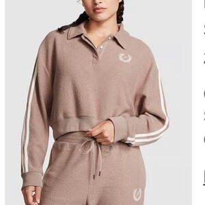 NWT PINK Victoria’s Secret Reverse Fleece Cropped Polo Sweatshirt Iced Coffee L